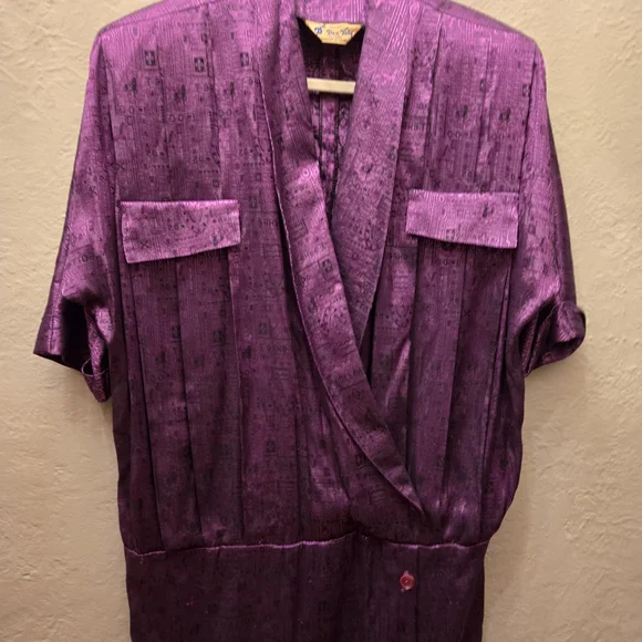 Vintage Dan Vali Silk Dress Purple Metallic Midi Belted Statement Canada - Picture 11 of 11